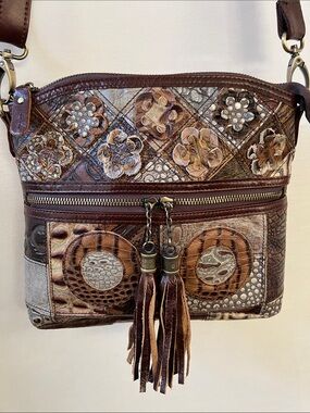 Patchwork Floral Brown Crossbody Leather Bag with Tassel Detail
